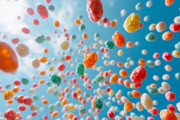 Fototapeta na wymiar Colorful jelly beans floating in the air against a vibrant blue sky background concept for sweet treats and celebration