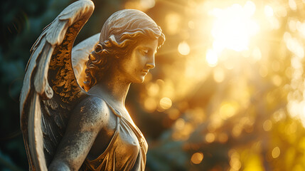 Golden Angel Sunlight Antique Statue Religious Sculpture Cherub Ornament Art Decor, Generative Ai

