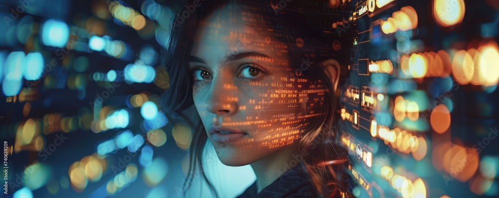 Aufkleber close-up of a businesswoman selecting a digital file, double exposed with a virtual file system, hig