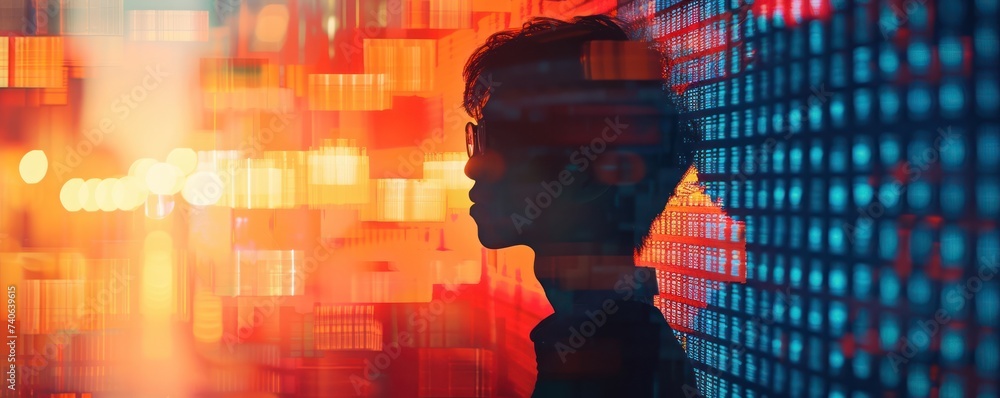 Poster close-up of a colleague s silhouette against a digital data visualization, symbolizing the blend of 
