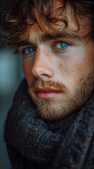 close up portrait of young man with freckles Generative AI