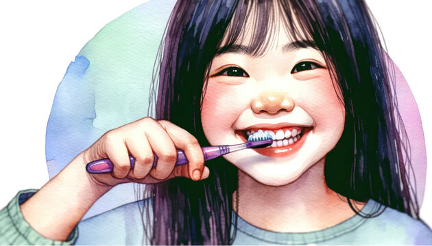 Watercolor illustration of joyful Asian girl brushing teeth. International Dentist Day. National Brush Day. - Powered by Adobe