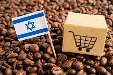 Israel flag with shopping cart on coffee bean, import export trade online commerce.