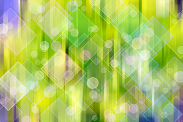 Graficzne abstrakcyjne tło geometrycznych przeźroczystych kwadratów w jasnych  barwach na tle rozmytego zielono żółtego tła z delikatnym efektem bokeh - obrazy, fototapety, plakaty