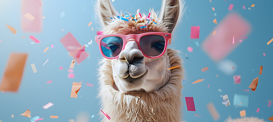 Naklejka premium Lama with sunglasses posing in red and blue and pink party confetti with copy space