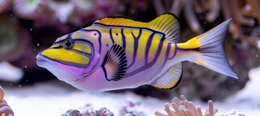 Colorful triggerfish swimming among vibrant corals in a saltwater aquarium environment