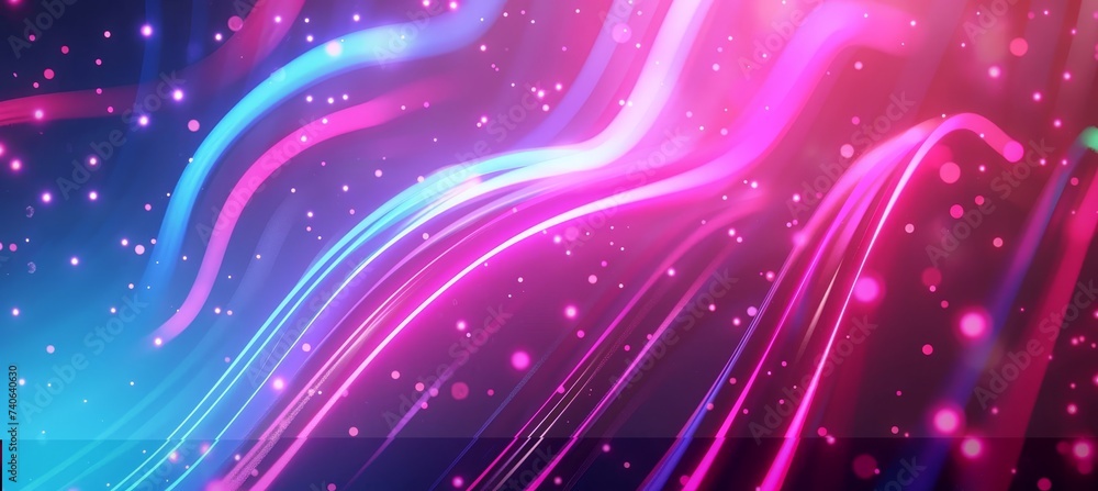 Poster neon glowing wave lines and bokeh lights on abstract futuristic background, data transfer concept.