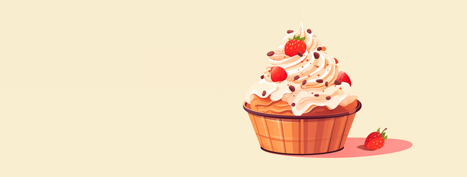 Flat illustration of ice cream with strawberries in a cup on a pastel background. Ice cream on a light cream background. A sweet summer treat. Strawberry dessert