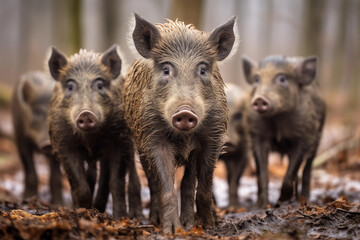 Wild pigs in the autumn forest