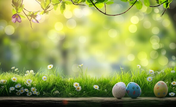 Easter eggs in the grass with plants and trees in the background stock photo , in the style of uhd image, wood, bokeh panorama, tabletop photography, high quality photo, vibrant stage backdrops.