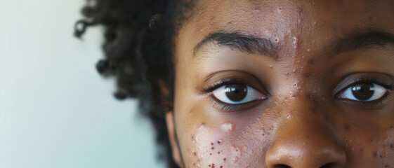 A close-up of a young girl, her face marked with acne, a candid representation of skin issues - obrazy, fototapety, plakaty