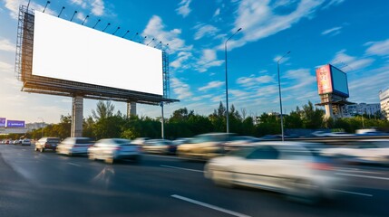 Large wide horizontal white blank billboard sign for advertisements on the highway road street, sky in the background. Empty poster commercial board outdoors, marketing promotion mockup, cars passing
