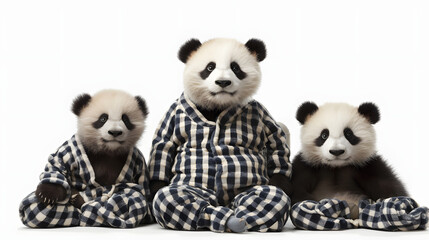 パジャマを着たかパジャマを着たかわいい動物のパンダのグループいい動物のパンダのグループ - obrazy, fototapety, plakaty