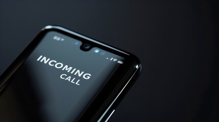 Closeup of a modern mobile phone device screen with text "INCOMING CALL." Smartphone interface, digital communication on a display, answer or decline call from a number