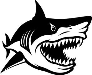 Minimalist vector logo featuring a black and white illustration of an angry shark head.