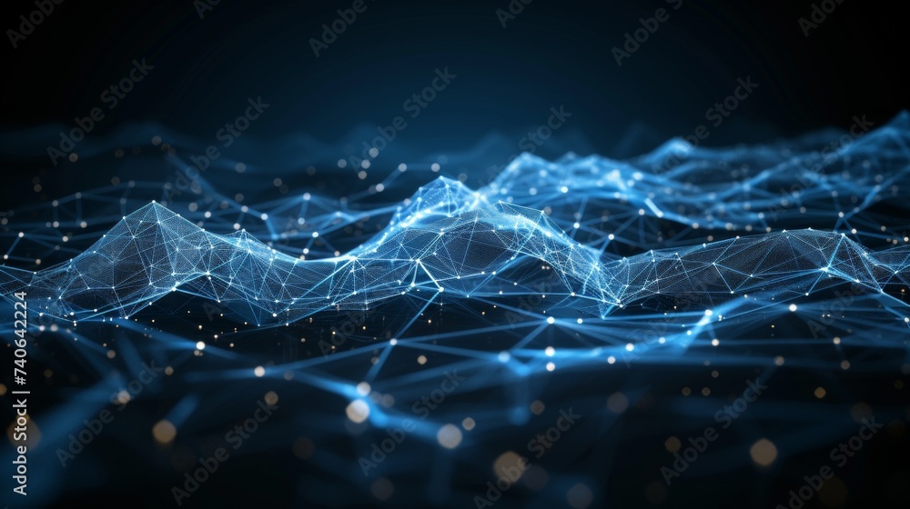 Poster dark blue geometric molecules with polygon patterns for a futuristic digital science design theme.