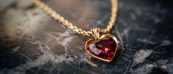 A ruby heart pendant gleams with promises, suspended on a golden chain against a marbled backdrop