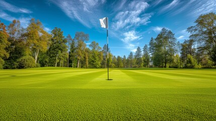 Scenic panorama of a picturesque golf course with lush green turf and stunning natural beauty.