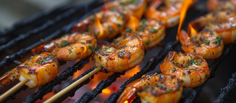 Close up of a grill with sizzling shrimp and prawns being cooked, delicious seafood BBQ meal