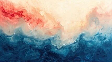 Vibrant abstract canvas with a fluid transition of colors from light blue and red to deeper shades of blue and beige - obrazy, fototapety, plakaty