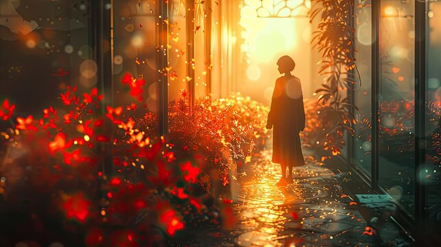 Silhouetted woman in a corridor of red flowers with golden sun lighting the way