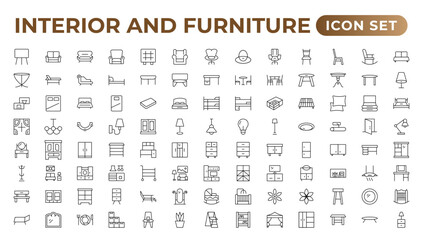 Furniture flat line icons set. Kitchen, bedroom, sofa table, bookcase closet, chair, mattress, lamps, ladder vector illustrations. Outline signs of the house interior. Furniture outline icon.