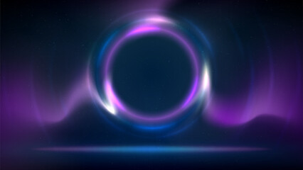 Stage with pink blue purple circular lighting background. Shining light ring. Glowing pink blue plasma circle. Stage backdrop. Background for displaying products, text, copy paste. Vector illustration