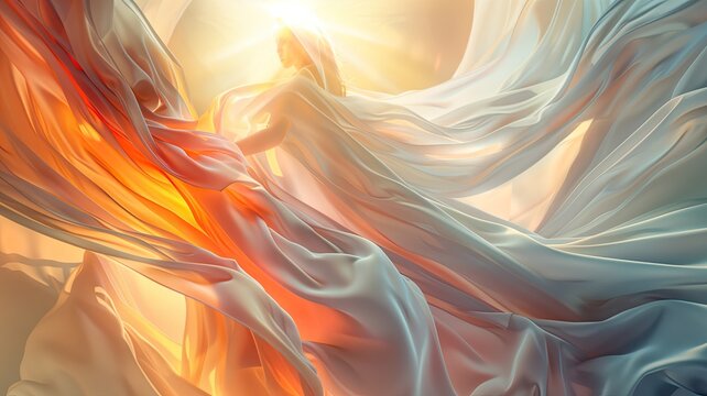 Abstract woman figure with swirling cloth and sun shining behind