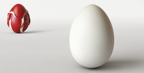 White and red Easter eggs on white background. Creative Easter minimal composition. 