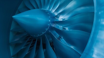 Details of an aircraft jet engine on display. Blue color