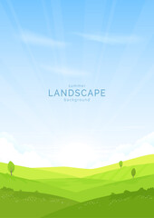 Summer landscape background. Hills, meadows and fields are covered with green grass, trees and bushes. Blue sky and clouds. Design for poster, background, cover, flyer. Vector illustration.