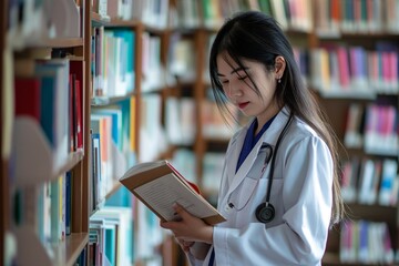 medical student studying in the library concept, woman healthcare with stethoscope reading, studying