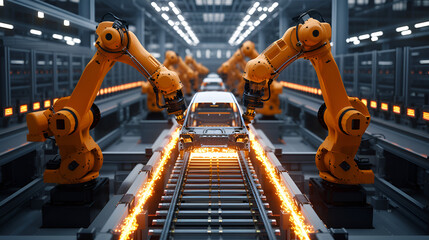 Modern Automobile Production Line Automated Manufacturing Process Robotics Technology Industry Factory, Generative Ai

