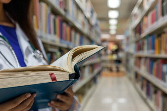 medical student studying in the library concept, woman healthcare with stethoscope reading, studying - Powered by Adobe