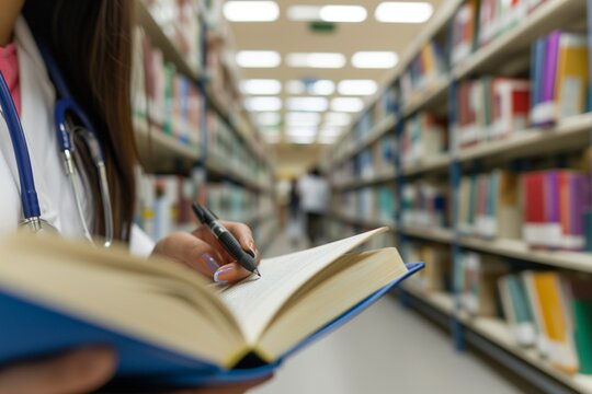 medical student studying in the library concept, woman healthcare with stethoscope reading, studying