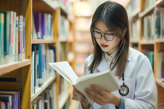 medical student studying in the library concept, woman healthcare with stethoscope reading, studying