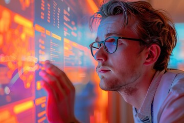 Businessman analyzing data and graphs on futuristic digital screen portrayal of modern technology in business world showcasing professional man engaged in innovative research and communication