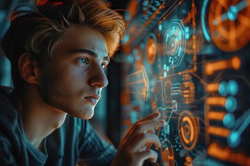 Businessman analyzing data and graphs on futuristic digital screen portrayal of modern technology in business world showcasing professional man engaged in innovative research and communication