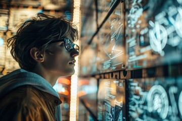 Businessman analyzing data and graphs on futuristic digital screen portrayal of modern technology in business world showcasing professional man engaged in innovative research and communication