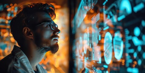 Businessman analyzing data and graphs on futuristic digital screen portrayal of modern technology in business world showcasing professional man engaged in innovative research and communication