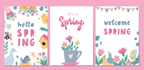 Obraz premium Spring cards, posters, prints, invitations with doodles and lettering quotes. Spring flowers, cartoon elements, templates, etc. EPS 10