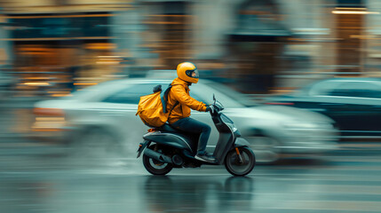 Naklejka premium Man driving a scooter, blurred in motion, moving in traffic on a city street, wearing a yellow backpack for food delivery, courier takeaway prepared meals and deliver to customers