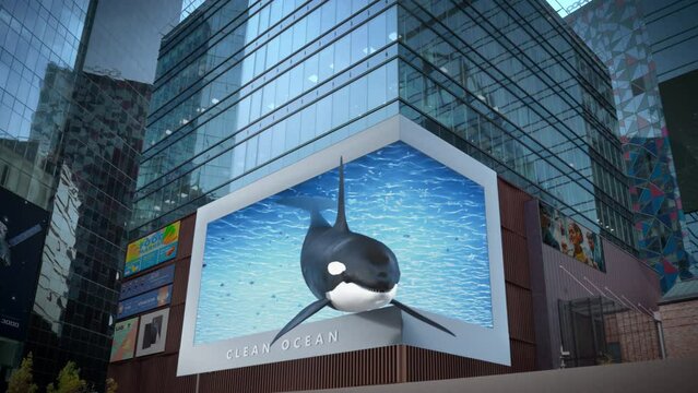 Big City 3D Advertising Billboard with Orca. Creative Clean Ocean Commercial with an Orca in a Modern Urban District with Skyscrapers. Futuristic Ad Concept with Stylish Realistic Display