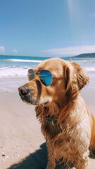 dog with sunglasses on the beautiful beach.
