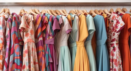 Various colorful woman dress in a neat row on a white background