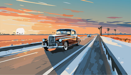 Vintage car on the road in the sunset. Ai generated - obrazy, fototapety, plakaty