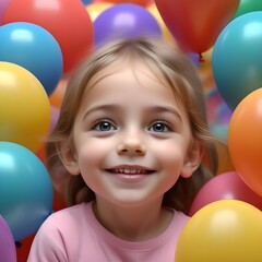 Fototapeta na wymiar Child having fun in a place full of colorful balloons. Playful image of a child generated by AI.