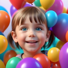 Fototapeta na wymiar Child having fun in a place full of colorful balloons. Playful image of a child generated by AI.