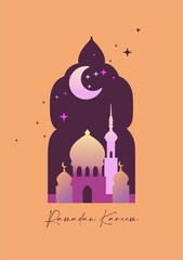 Ready-to-print poster (card) on the theme of Ramadan celebrations in deep, rich colors. Arabic motifs on a colored background are suitable for posters, cards, branding, printing and DIY