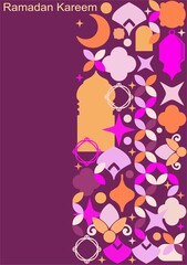 Ready-to-print poster (card) on the theme of Ramadan celebrations in deep, rich colors. Arabic motifs depicted in linear silhouettes on a colored background are suitable for posters, cards, branding,
